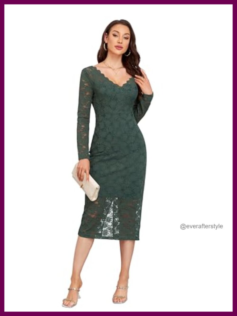 Floral Lace V Neck Long Sleeve Bodycon Midi Dress Back Slit Formal Cocktail